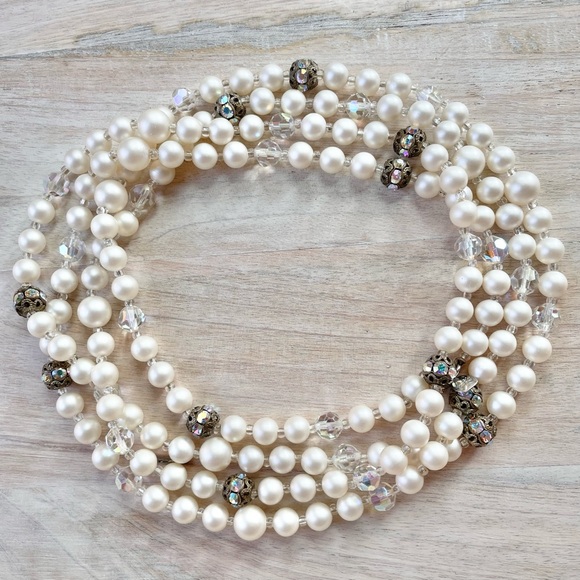 Vintage Judy Lee Faux Pearl Aurora Borealis Signed Necklace - Picture 4 of 11